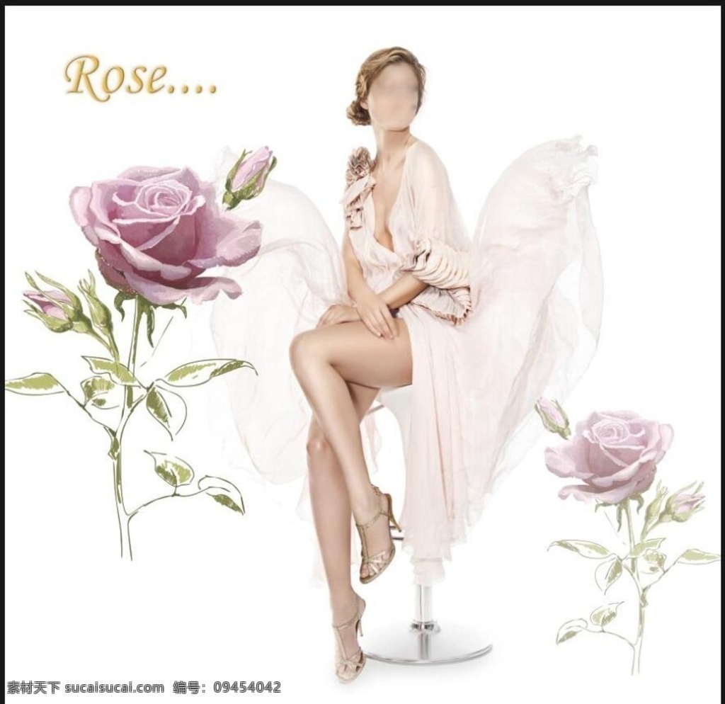 玫瑰美女 瓷砖花片 玫瑰花 美女 漂亮衣服 绿叶 拼画 美图 分层