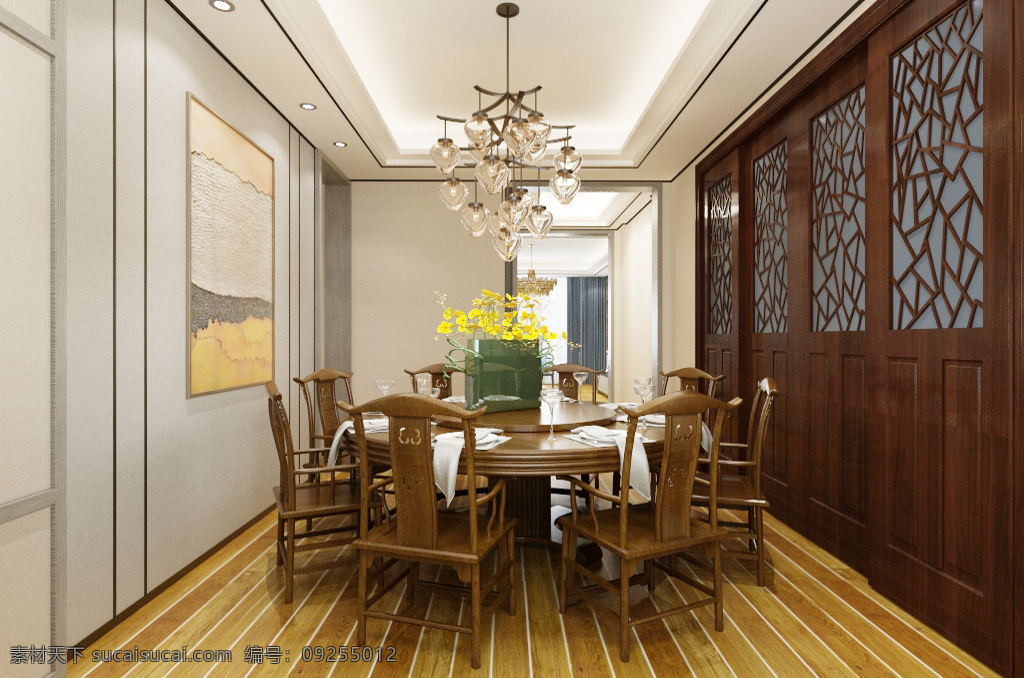 新 中式 餐厅 装饰装修 效果图 装饰画 餐桌 室内装修 室内设计 木地板 新中式风格 新中式餐厅 餐厅效果图 边柜 装饰背景 中式吊灯