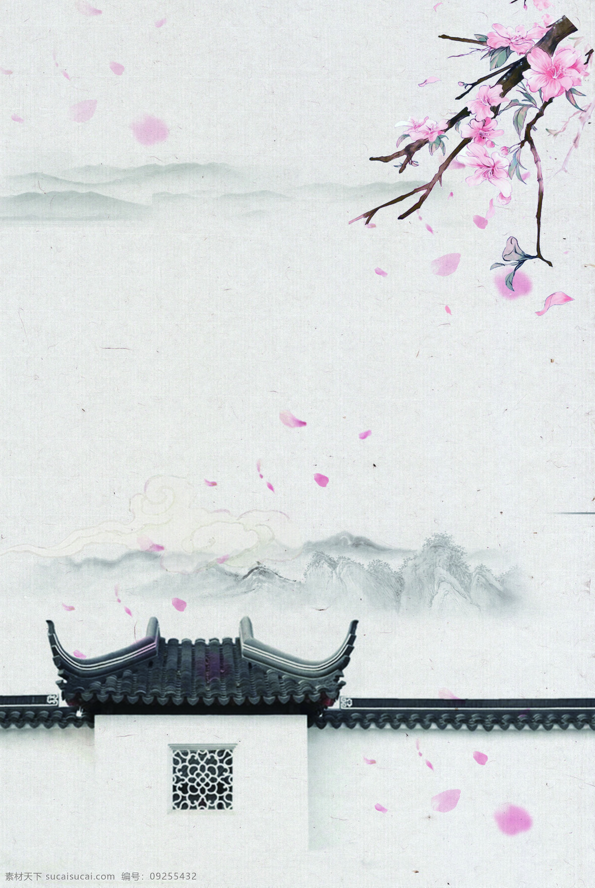 中国 风 水墨 桃花 背景 中国风 简约 水墨画 山峰 围墙 浪漫 花瓣 海报 广告
