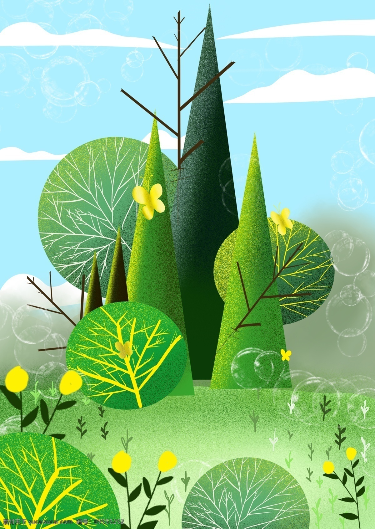 绿色 清新 春季 树林 背景 绿色背景 插画背景 植物背景 树林背景 唯美 景色插画背景 治愈系背景