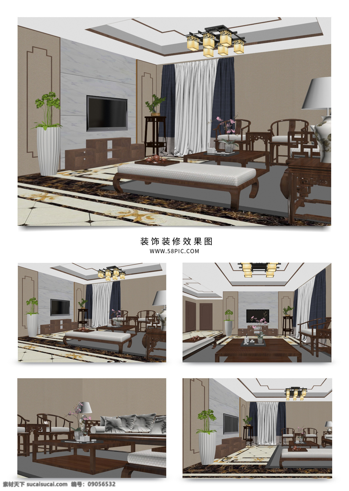 现代 新 中式 风格 家装 客厅 效果图 吊灯 沙发茶几 电视柜 新中式风格