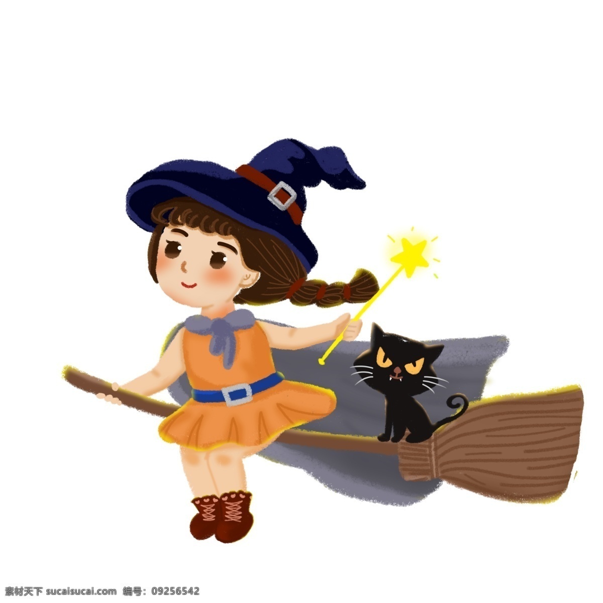 魔法 少女 手绘 商用 元素 卡通 女生 人物 黑猫 万圣节素材 魔法少女 女巫 扫把