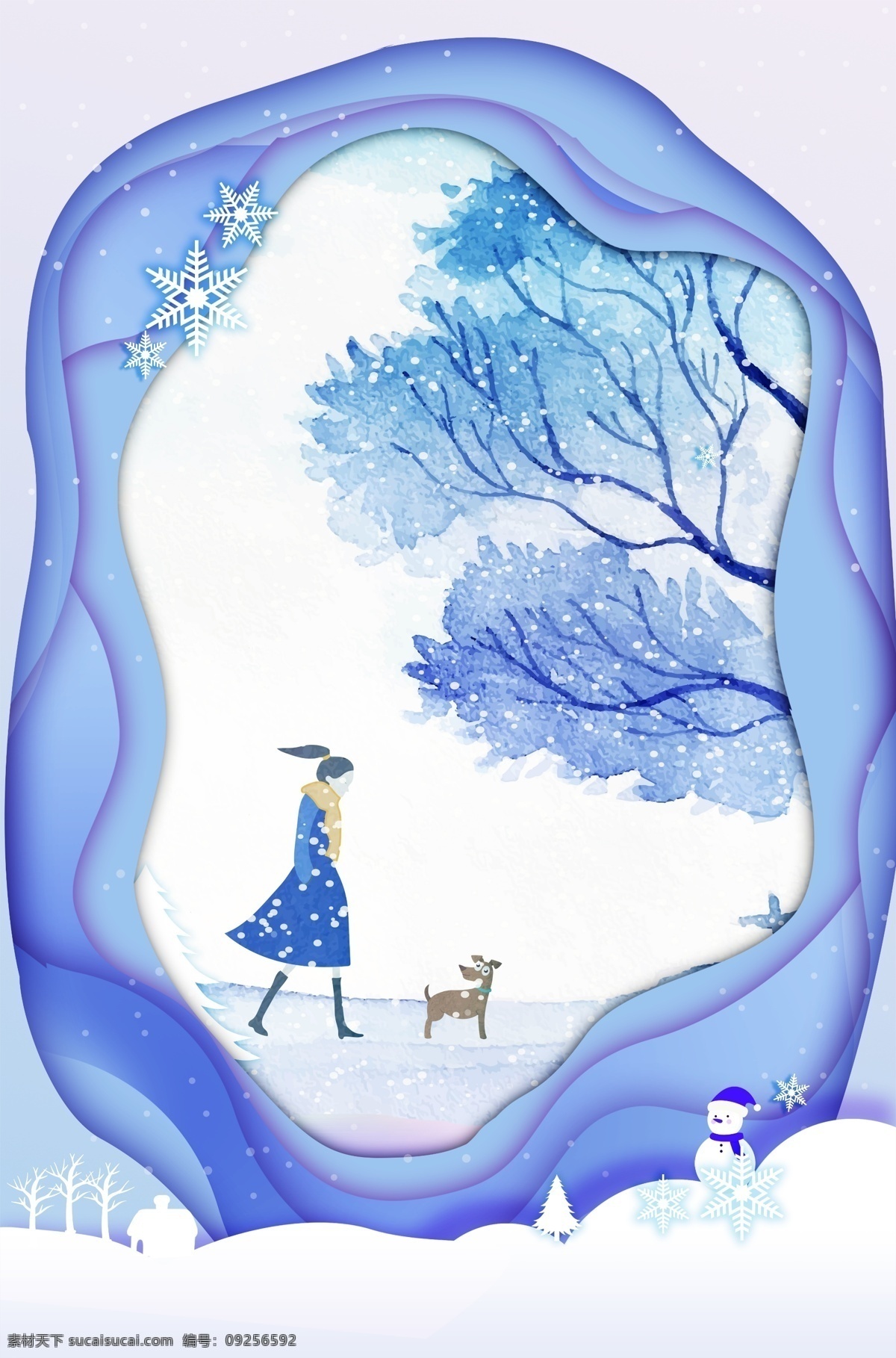 创意 唯美 剪纸 风 冬至 背景 女孩 女装背景 冬季 冬天 雪人 彩绘背景 psd背景 冬至背景 剪纸背景