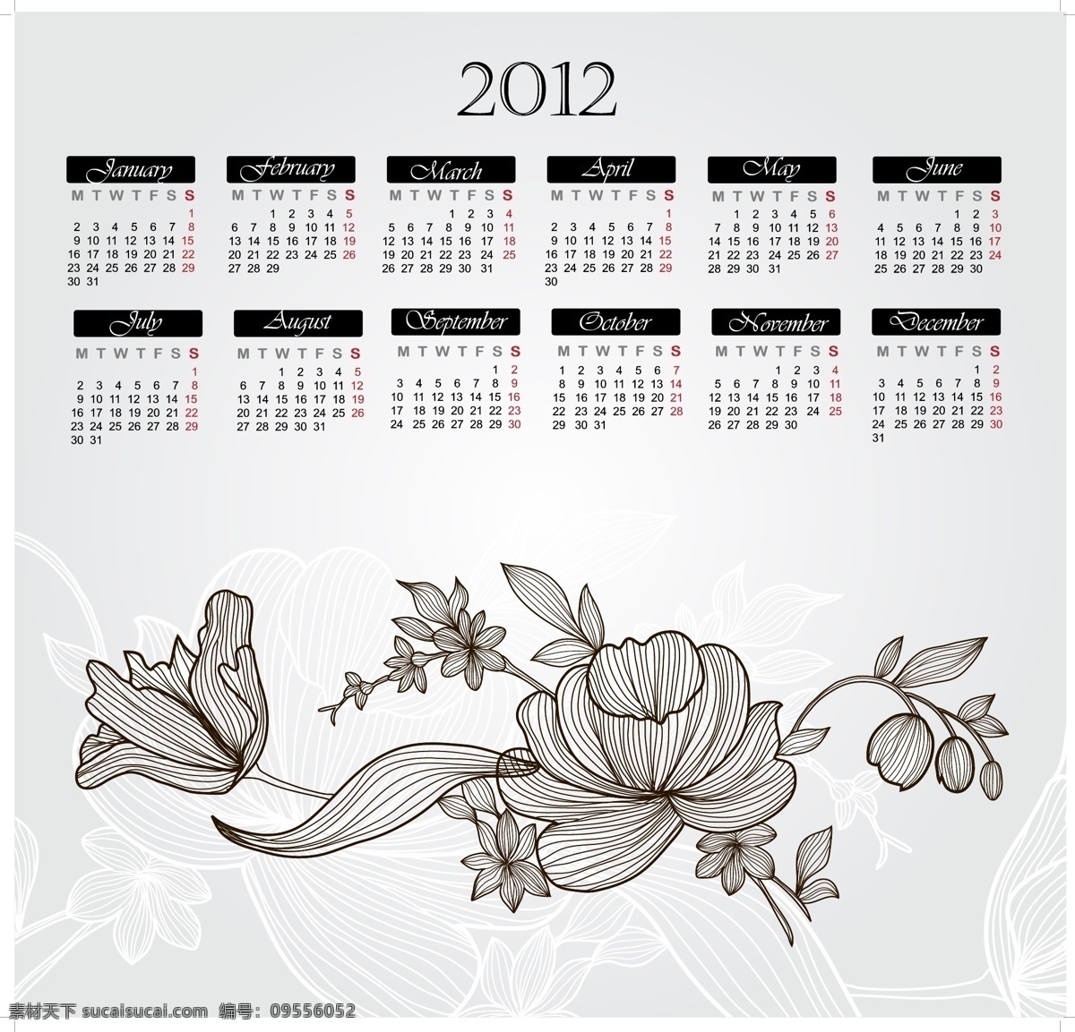 时尚 花纹 2012 日历 模板 2012年 年历 月历 龙年日历 挂历模板 台历 壬辰年 新年素材 时尚花纹 花朵 日历台历 矢量素材 白色