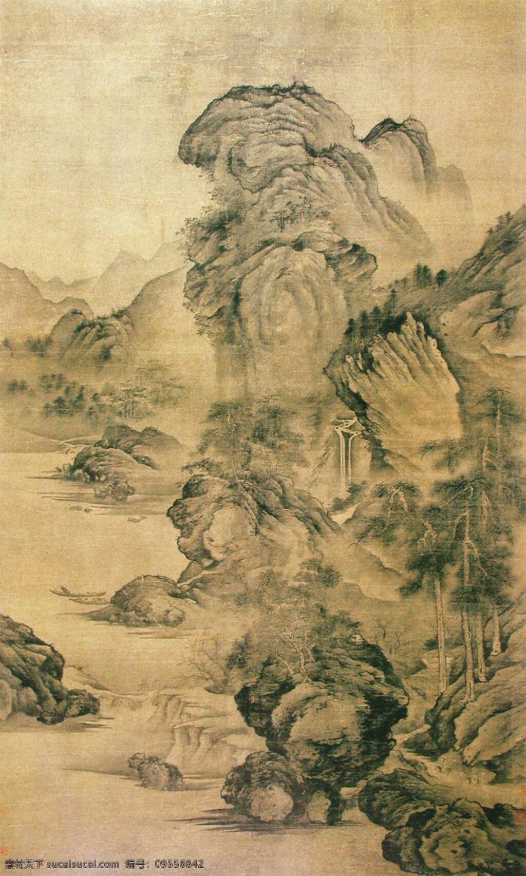 关仝 溪山幽居图轴 河水 树木 村居 高山 苍松 瀑布 渔舟 绘画书法 文化艺术