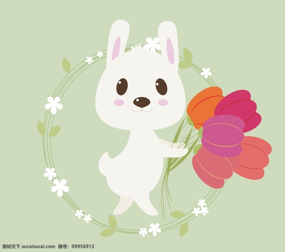 可爱兔子插画 可爱的小兔子 郁金香 小 花瓣 兔子 树叶