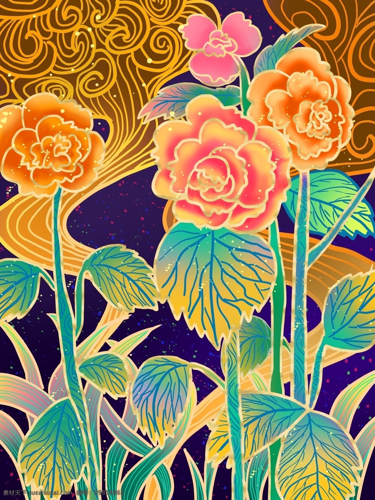 中国 风 花开 富贵 牡丹花 流光溢彩 插画 花开富贵 中国风 壁纸 吉祥 背景