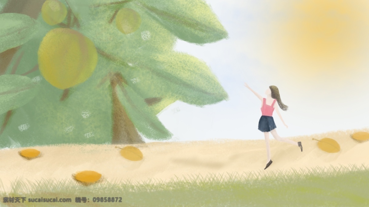 处暑女孩插画 插画 夏季 女孩 果实 阳光 处暑 夏天