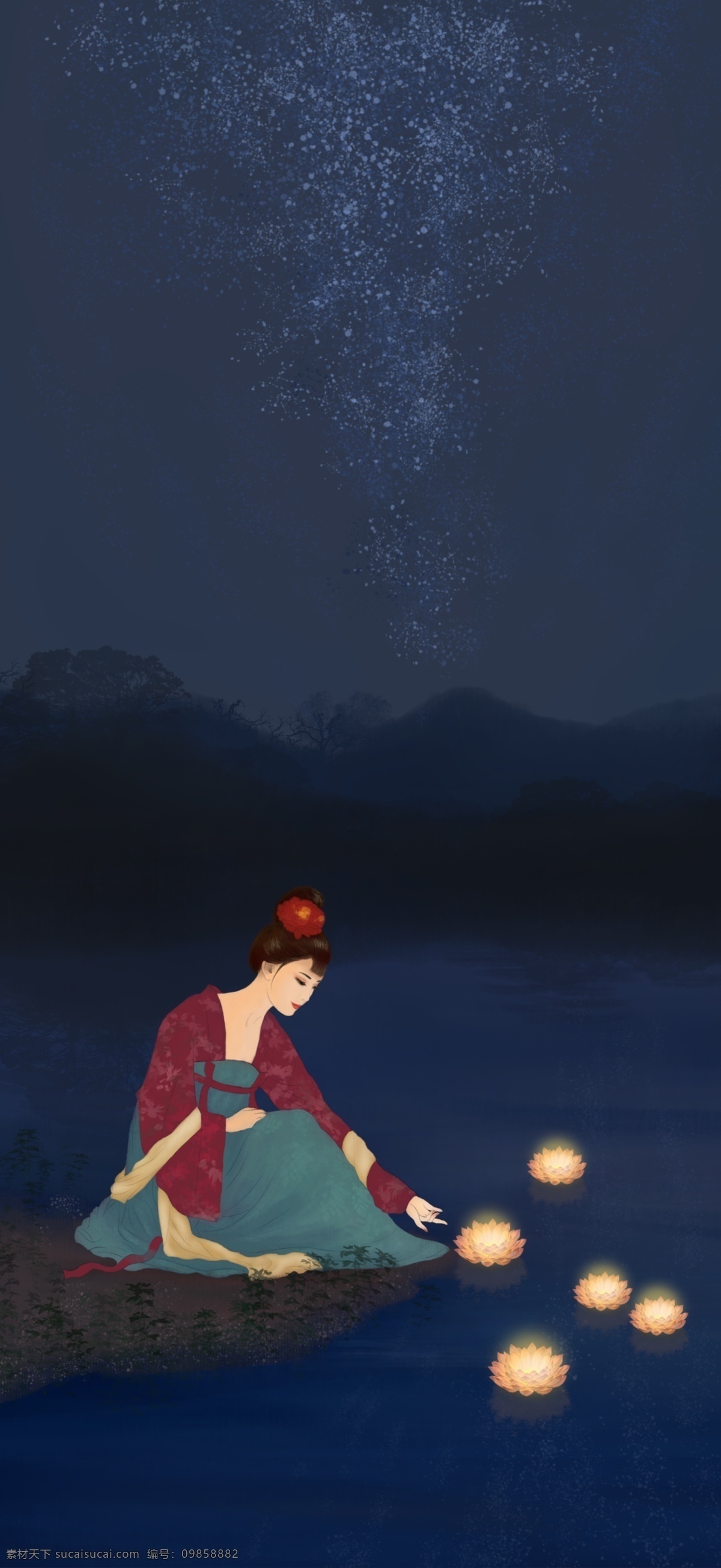 中元节 少女 河边 放 河 灯 古风 原创 手绘 插画 森林 荷花 古代 侍女 河灯 夜晚 花 小溪 背景