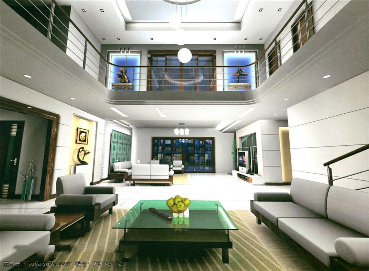 别墅 复式 客厅 3d效果图 灯具模型 电视机 沙发茶几 室内设计 客厅模型 家居装饰素材