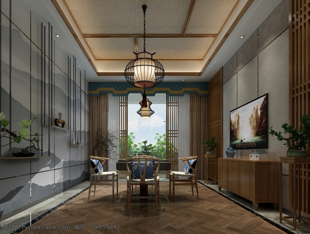 新 中式 书房 茶室 效果图 3d 模型 新中式 挂画 茶桌 书桌 室内 卧室 3dmax 挂饰 软装 灯光 配饰 护墙板 效果图模型 3d设计 室内模型 max