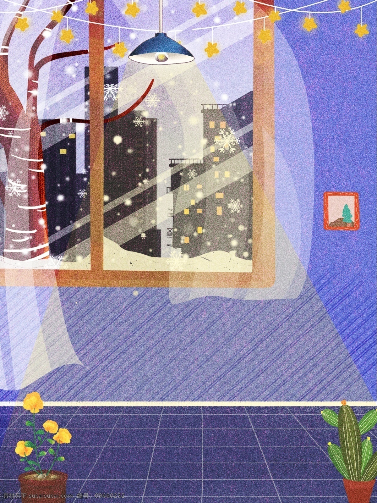 简约 彩绘 家居 背景 紫色 背景图 创意 冬季 吊灯 彩灯 窗户 广告背景 彩绘背景 特邀背景 促销背景 背景展板图 下雪