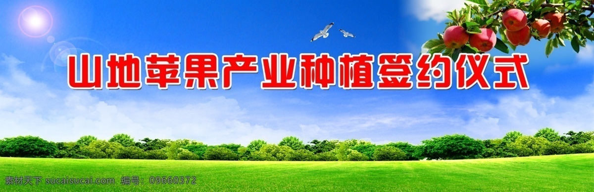 签约仪式 产业种植 舞台背景 蓝天 白云 绿草地 苹果