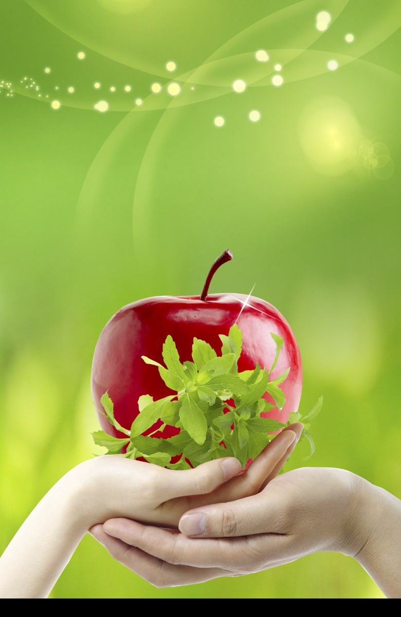 手 苹果 红苹果 玉手 捧 水果 绿色背景 薄荷 树叶 草 树枝 星光 品味 生活 源文件库