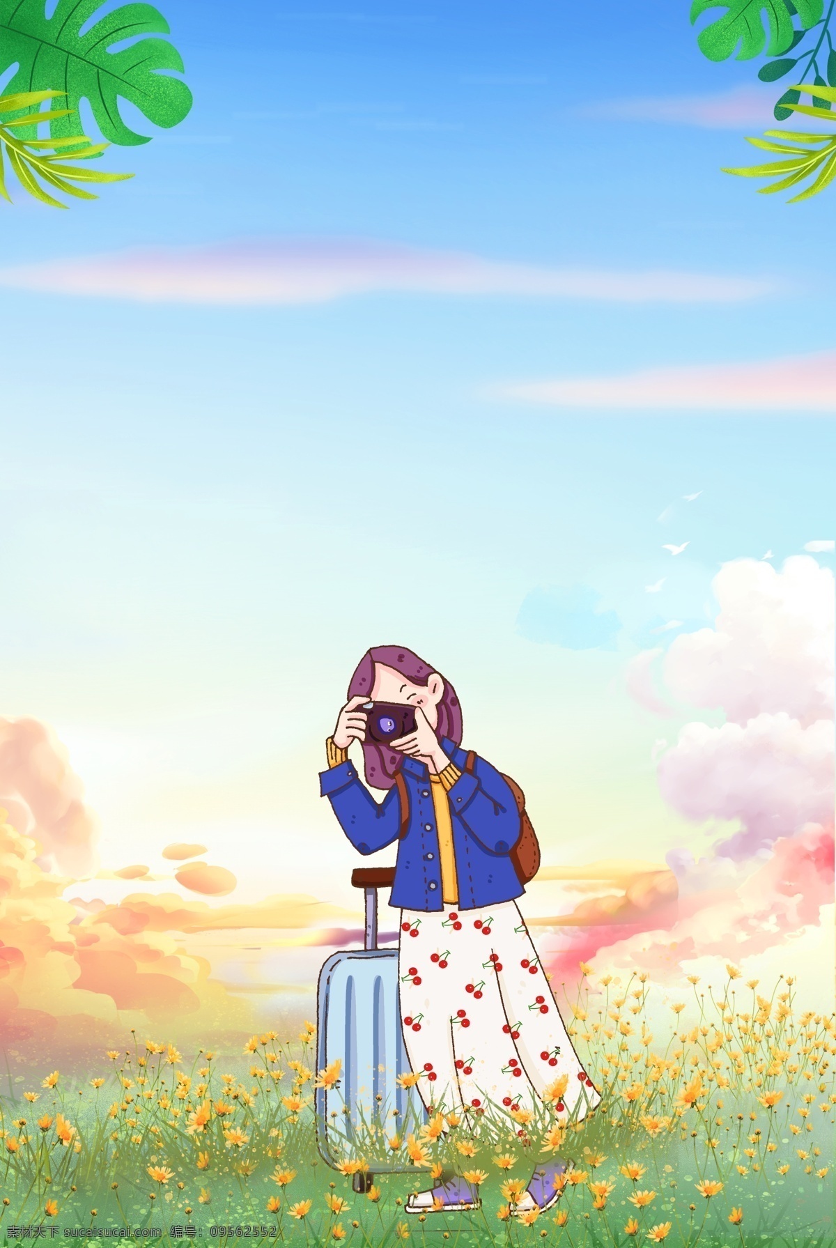 旅行 照相 小女孩 海报 背景 蓝色 牛仔外套 行李箱 照相机