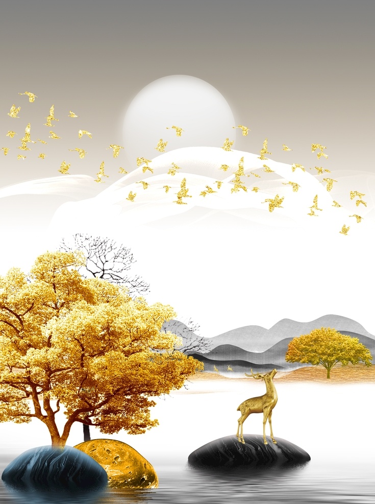 生的希望图片 金色 金鹿 风景 装饰画 自然 生机 遥望 意境