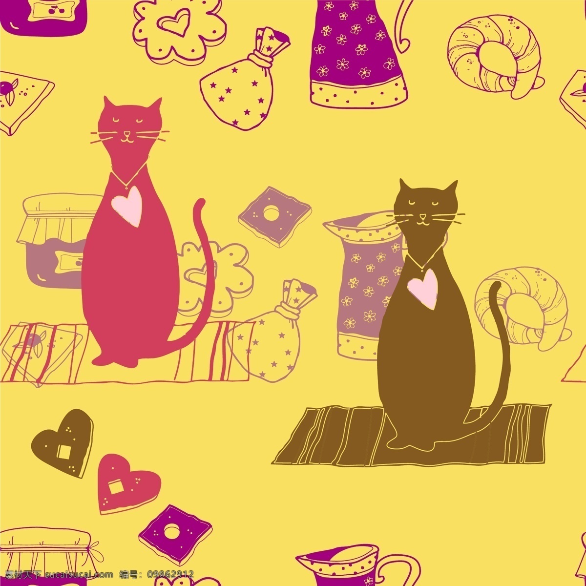 矢量 卡通 猫咪 可爱 背景 插画 糕点 漫画 矢量素材 线稿 矢量图 花纹花边