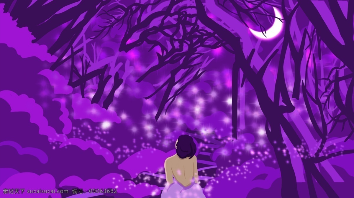 晚安 你好 夜光 森林 月牙 高 挂 原创 紫色 调 治愈 美女 月亮 女孩 日签 手机配图 夜光森林 萤火虫 星光点点 女生 背影 晚上 夜晚 草丛