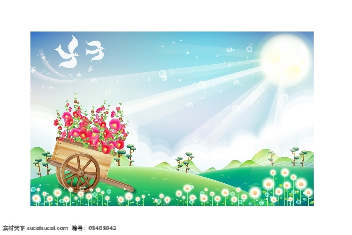 韩国 风格 风景 矢量 草 景观 鸟 树木 太阳 天空 自然风光 木制车 矢量图 花纹花边