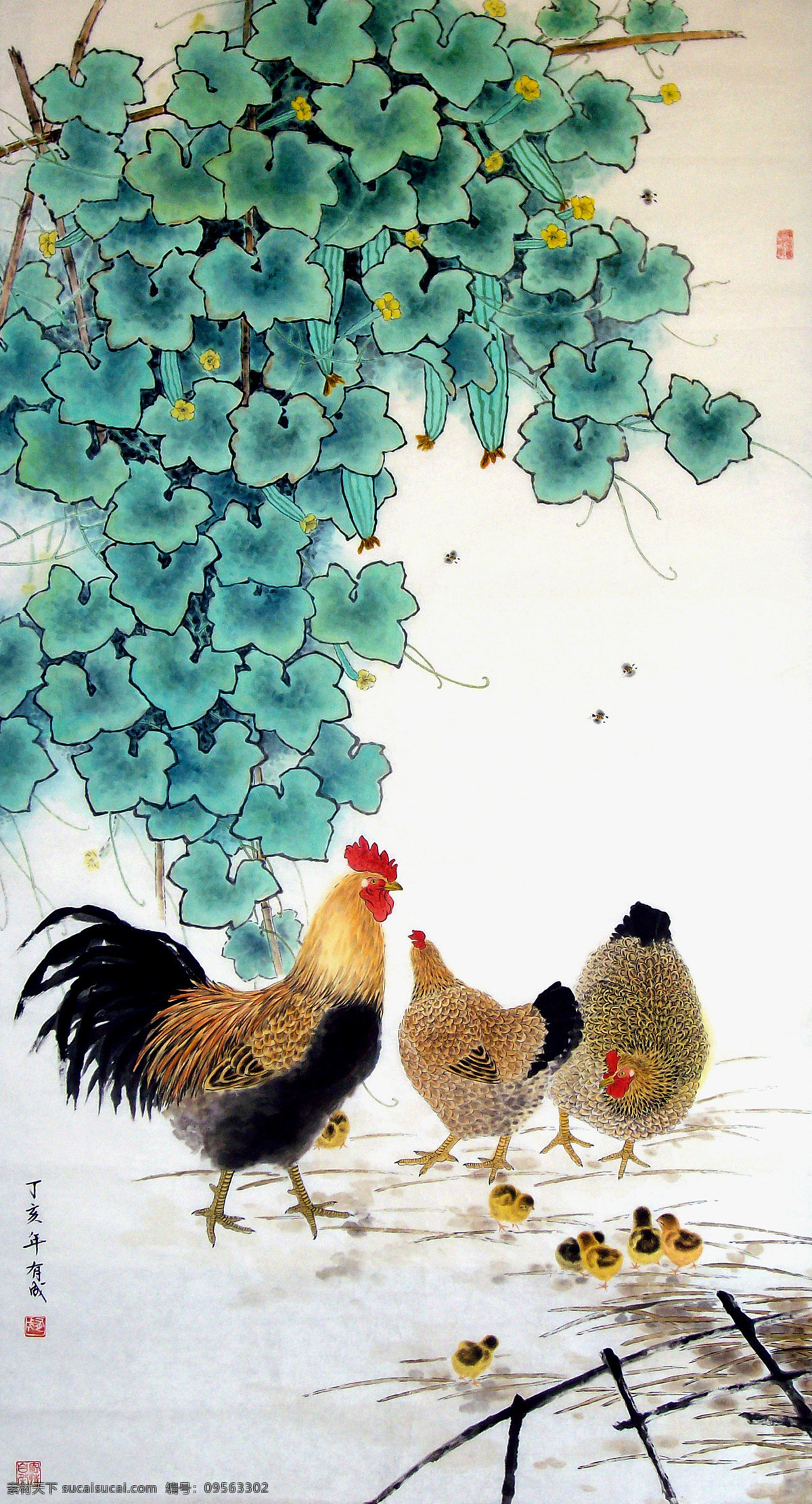 收获 美术 中国画 工笔画 鸡 公鸡 母鸡 小鸡 丝瓜 国画艺术 绘画书法 文化艺术
