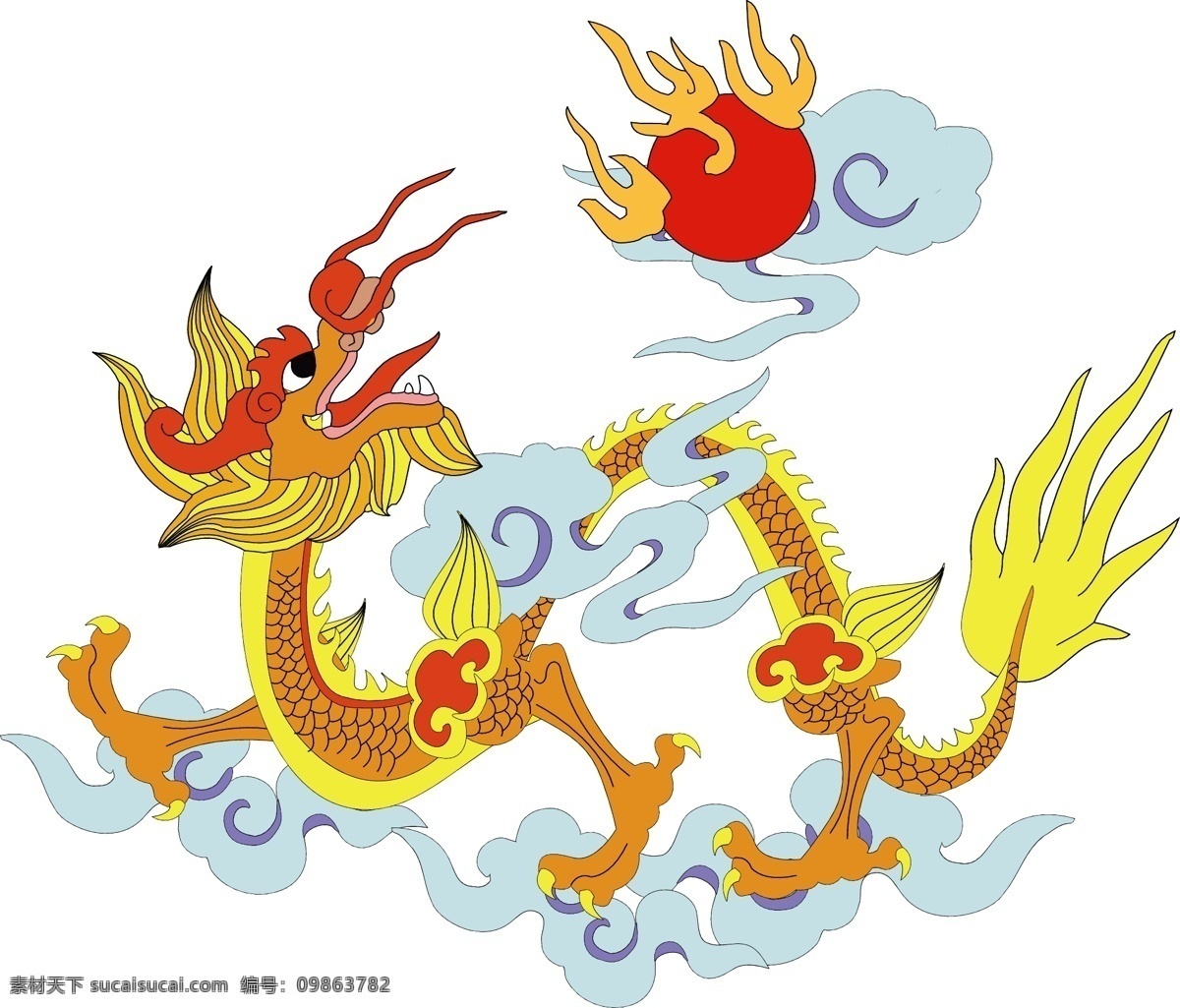 金色飞龙 金色 飞龙 蓝色祥云 红珠 丹珠 金尾 金须 中国 传统 龙凤 图案 传统文化 文化艺术 矢量