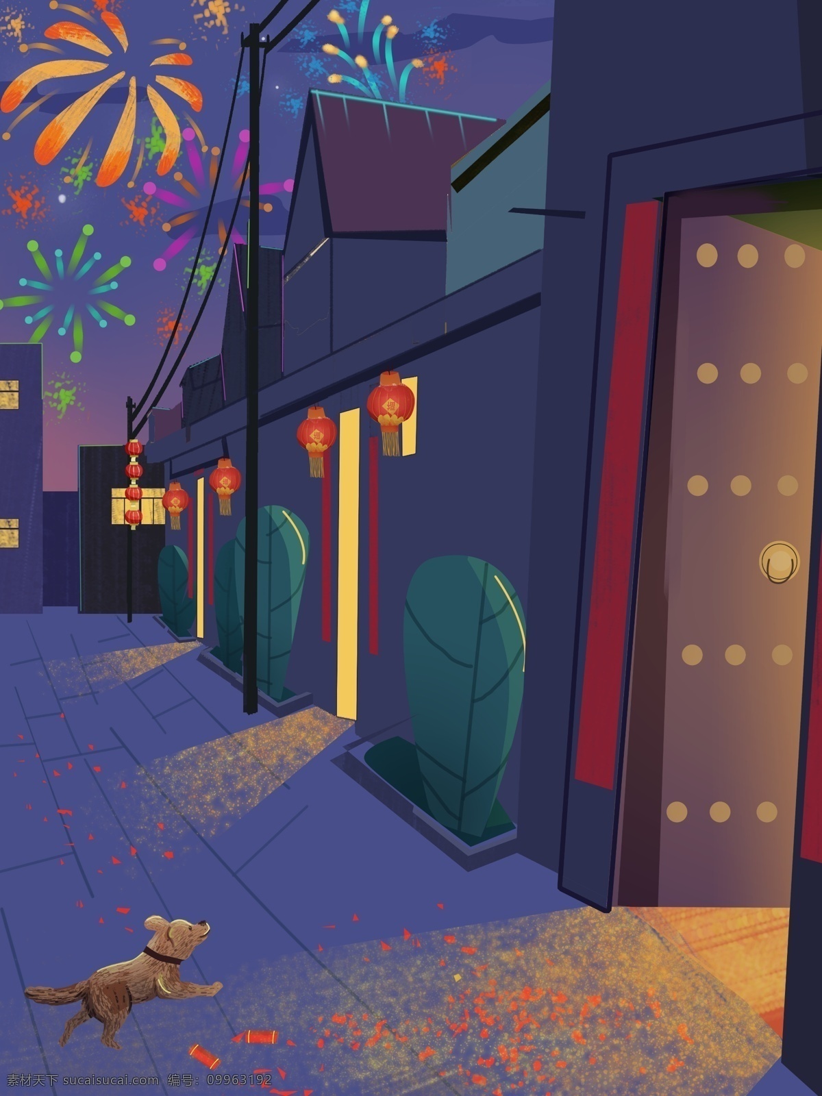 喜庆 新年 夜晚 家门口 插画 背景 喜庆新年 特邀背景 家门口插画 通用背景 广告背景 背景素材