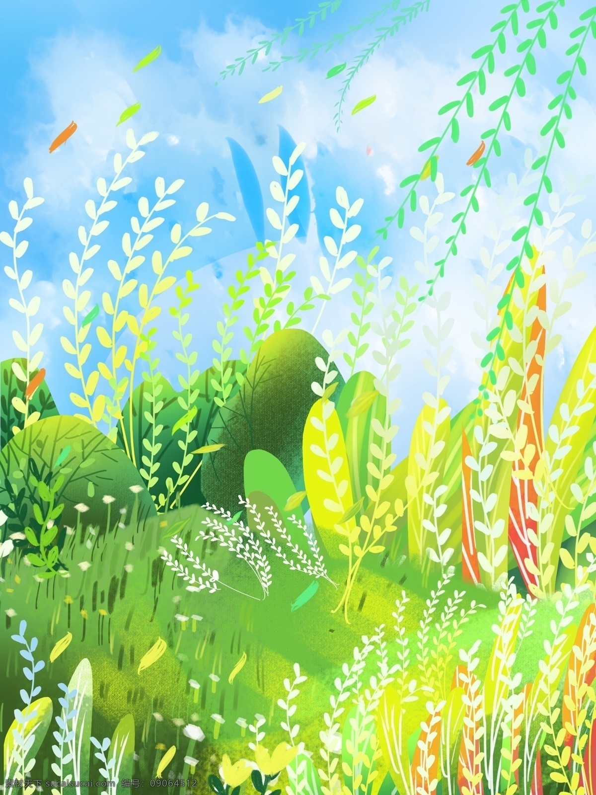 手绘 夏季 草丛 柳条 背景 绿叶 夏天背景 彩绘背景 通用背景 背景展板 背景展板图 背景图