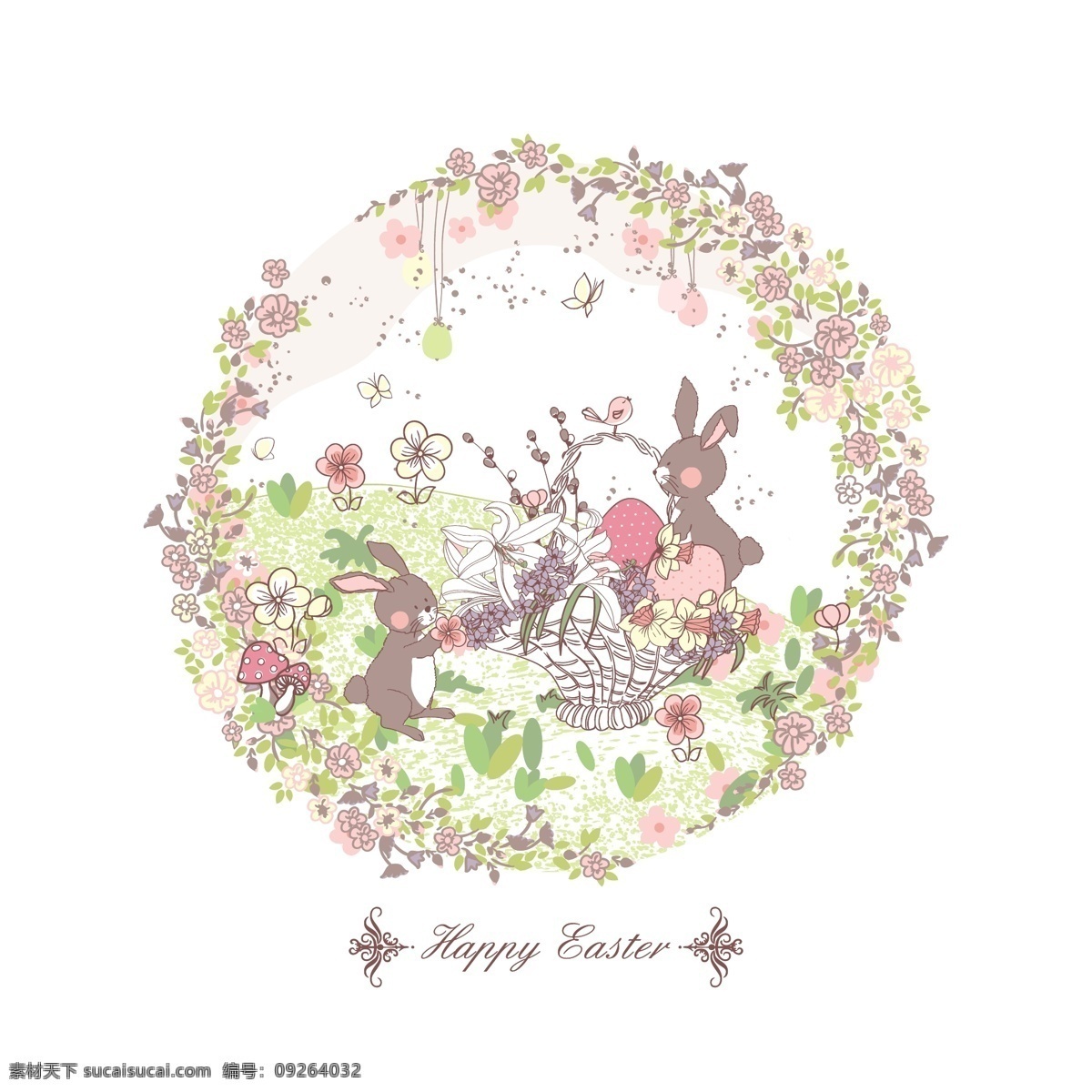 漂亮 小 兔子 矢量 彩蛋 花瓣 花朵 蘑菇 矢量素材 矢量图 其他矢量图