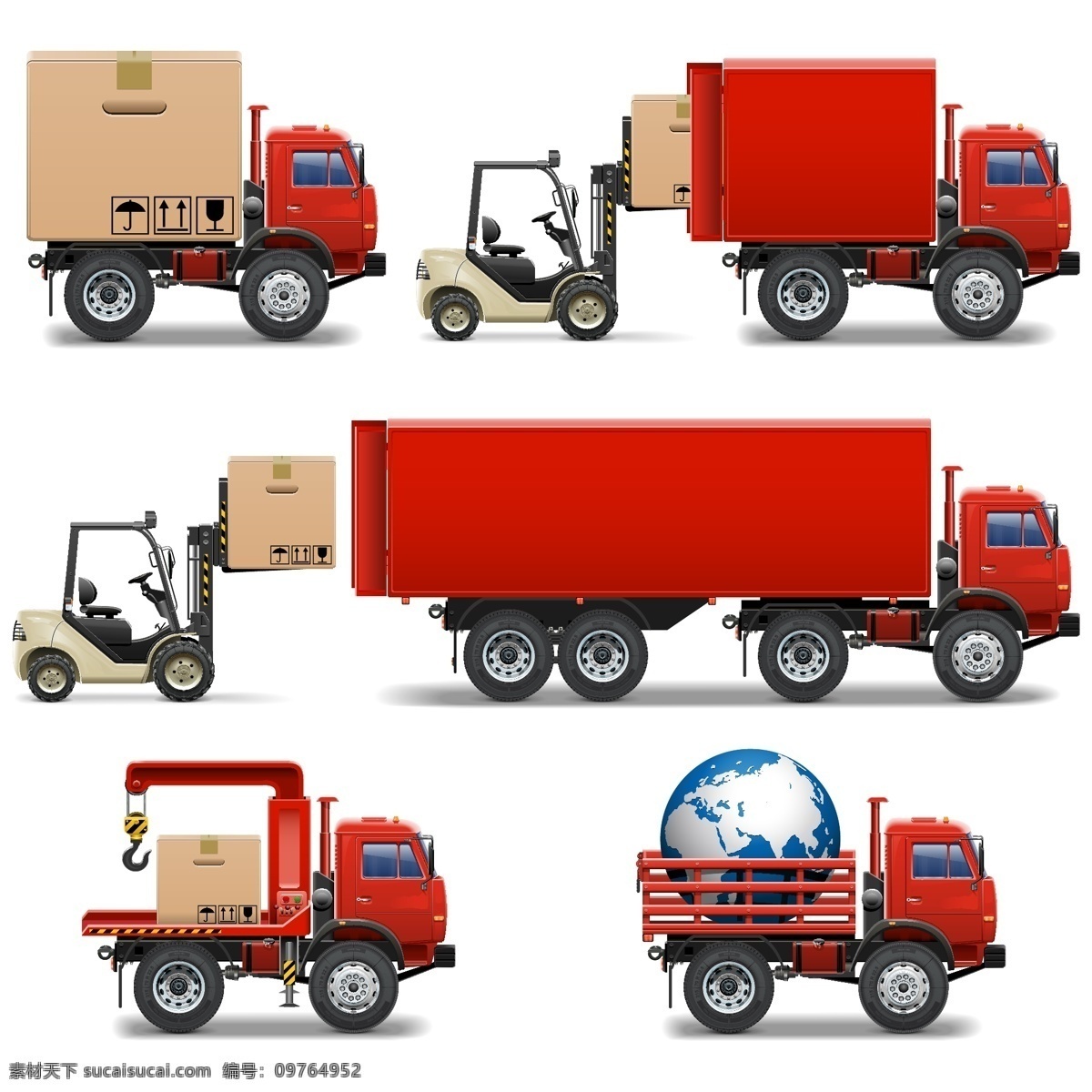红色 叉车 卡车 矢量 货物 地球 纸箱 运输 集装箱 矢量图