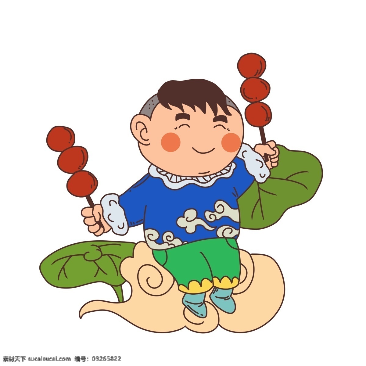 手绘 糖葫芦 人物 插画 人物插画 卡通人物 春节 莲花叶子 拿着糖葫芦 手绘糖葫芦 元旦插图