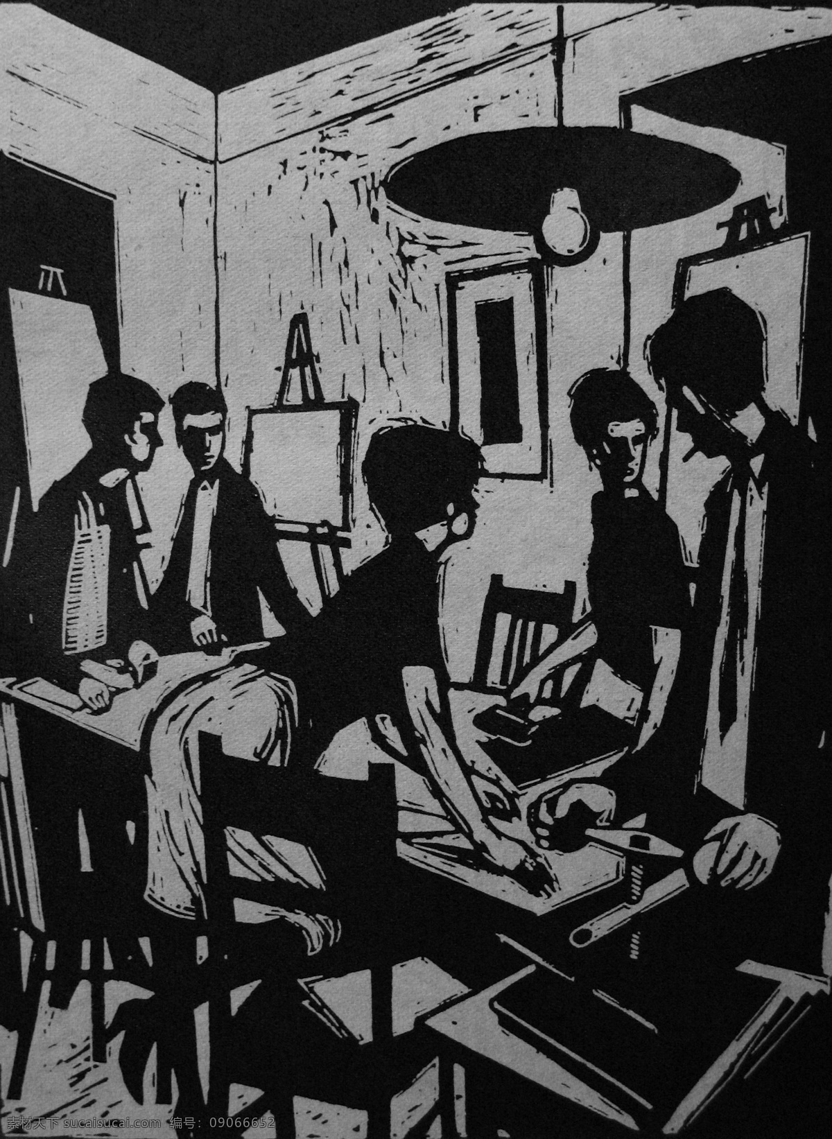 传统文化 德国 地板 吊灯 工人 工作室 画板 画架 沃尔夫冈 霍尔 策 我们 俱乐部 印刷 木刻版画 工作间 印刷作坊 工作台 男人 女人 桌子 椅子 墙壁 艺术家 版画家 艺术 绘画 雕版 外国 木刻 版画 作品 文化艺术 装饰素材 灯饰素材