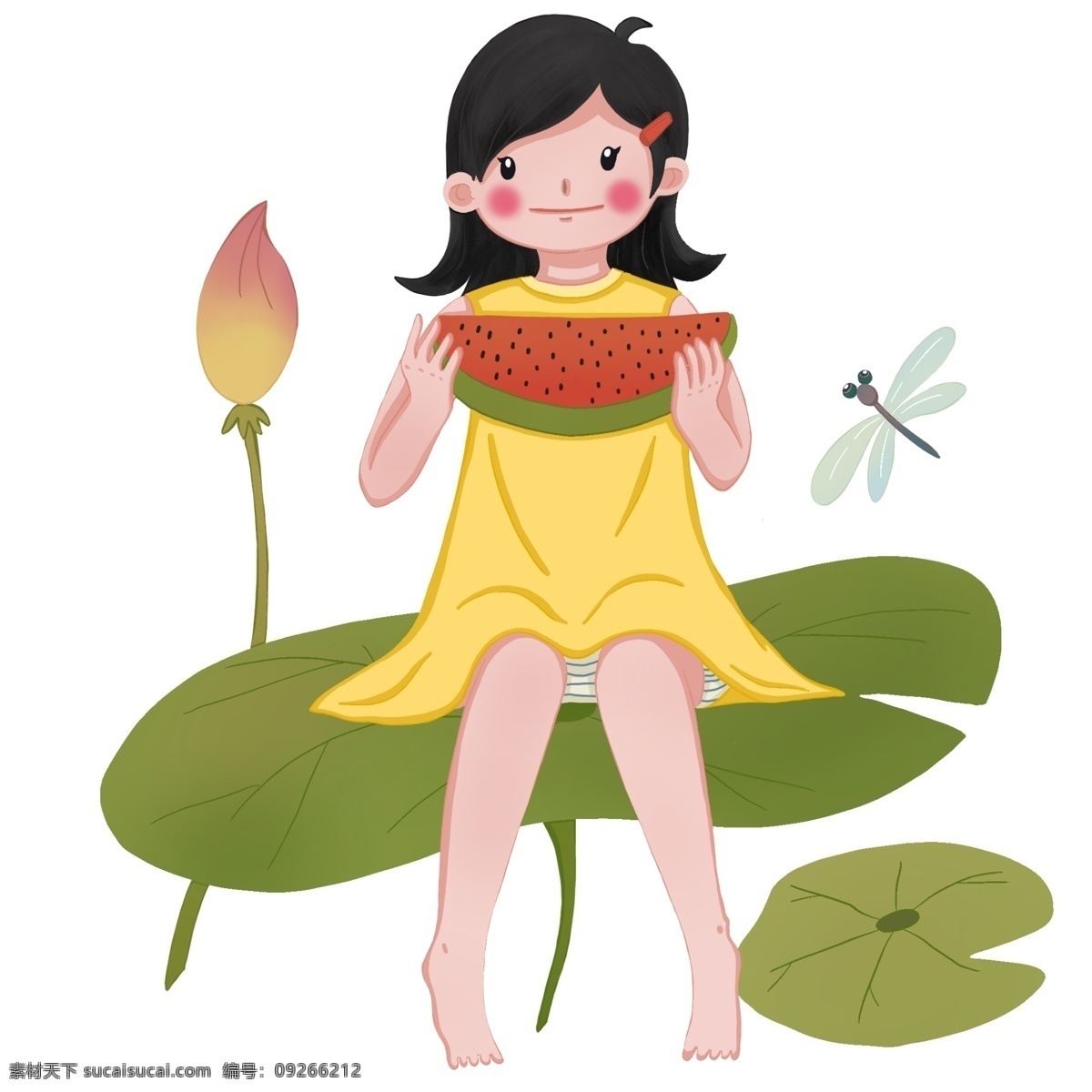 立夏 吃 西瓜 小女孩 立夏人物插画 吃西瓜的女孩 红色的西瓜 黄色的花朵 卡通人物 蓝色的蜻蜓
