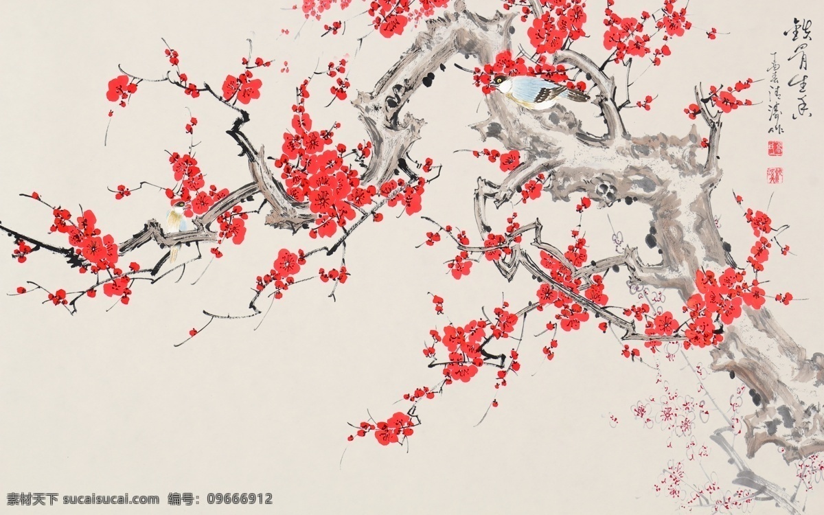 中国 风 水墨 手绘 工笔 傲骨 红梅 梅花 中国风 背景墙 分层