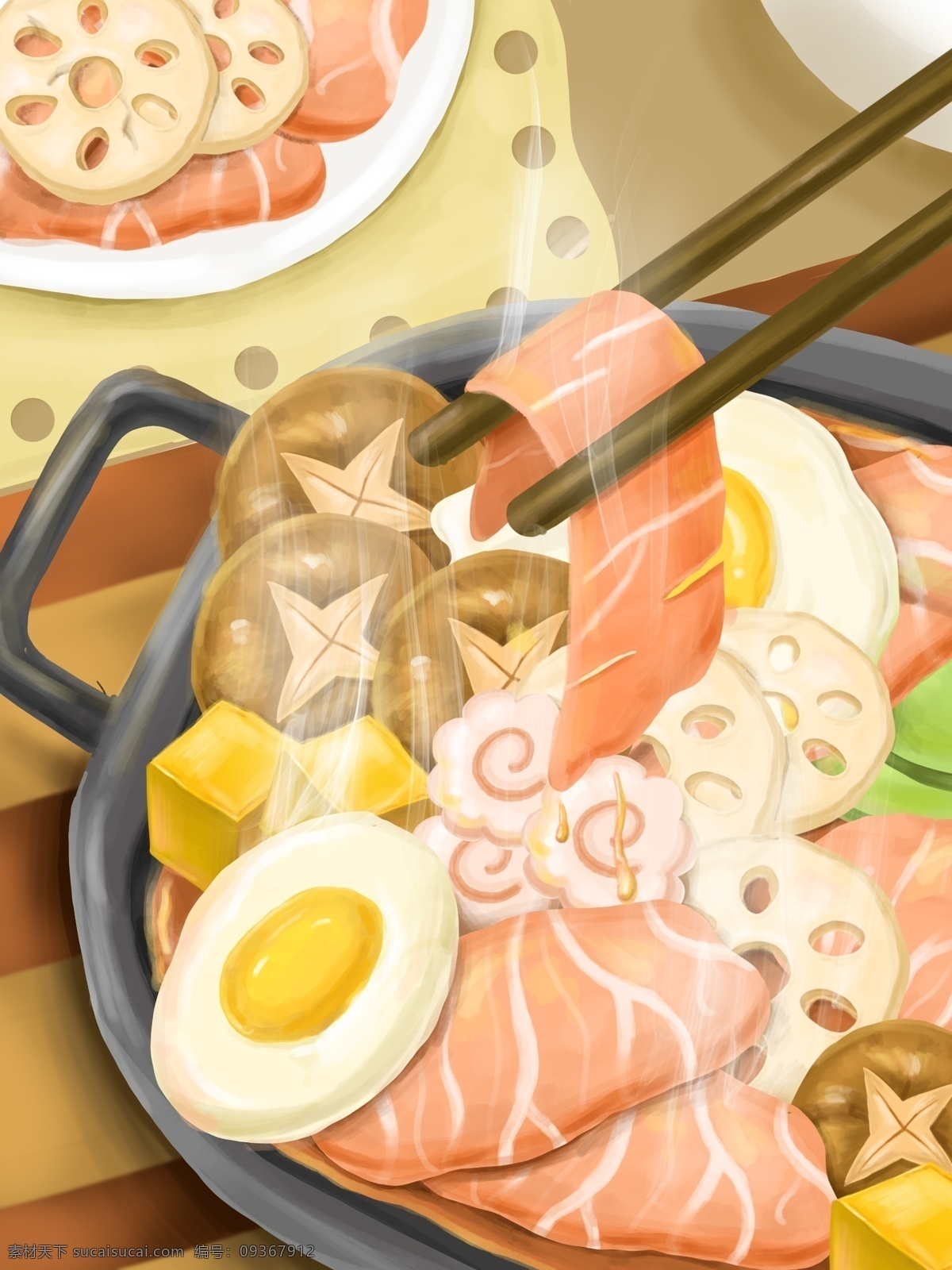 冬季 美食 诱人 火锅 写实 插画 锅 盘子 筷子 肉片 香菇 鸡蛋 藕片 豆腐果 黄瓜 桌布 热气