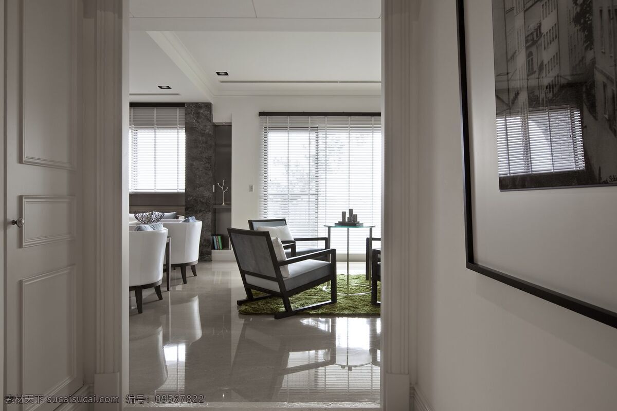 简约 客厅 壁画 装修 效果图 白色地板砖 窗户 方形吊顶 入户门 椅子