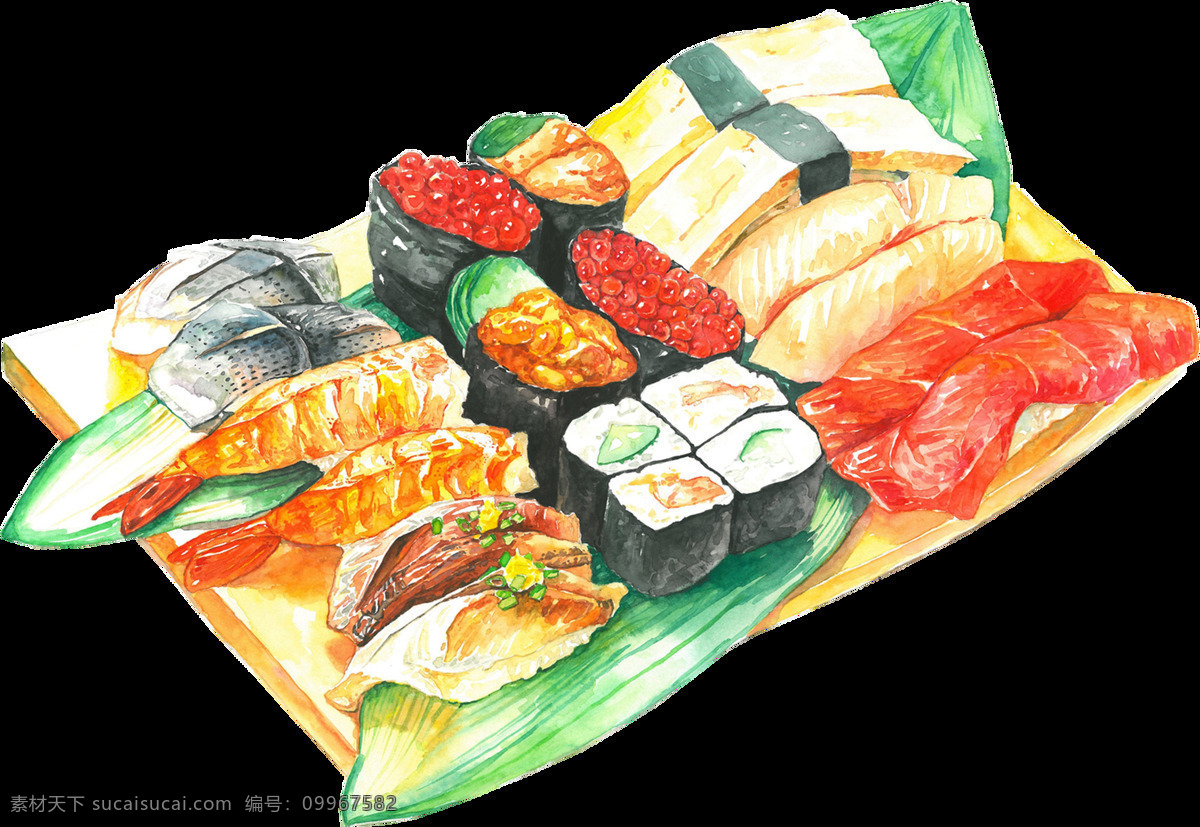 清新 手绘 橙色 寿司 料理 美食 装饰 元素 黄色餐盘 料理美食 日式美食 装饰元素