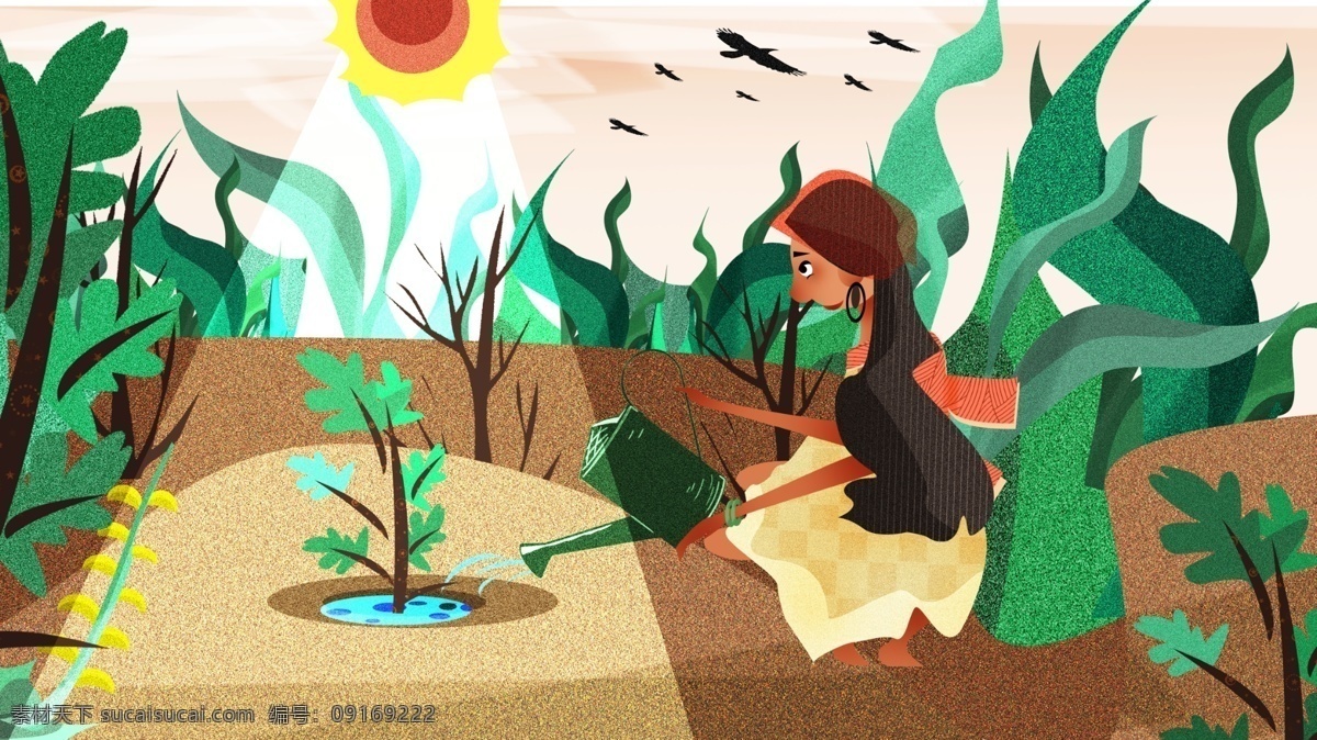 女孩 植物 浇水 生态 插画 太阳 环保 爱护环境 人人有责 沙漠 绿洲 文明
