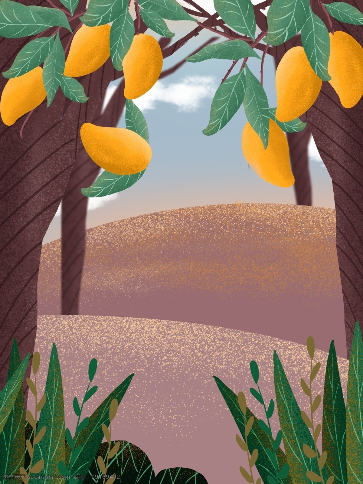 卡通 手绘 芒果树 插画 背景 小清新背景 通用背景 水果背景图 果树 特邀背景 芒果