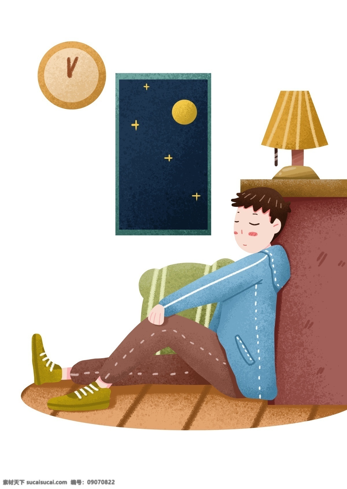 坐 睡觉 小 男孩 世界 睡眠 日 插画 坐着睡觉 睡觉的小男孩 黄色的台灯 黄色的钟表 卡通人物