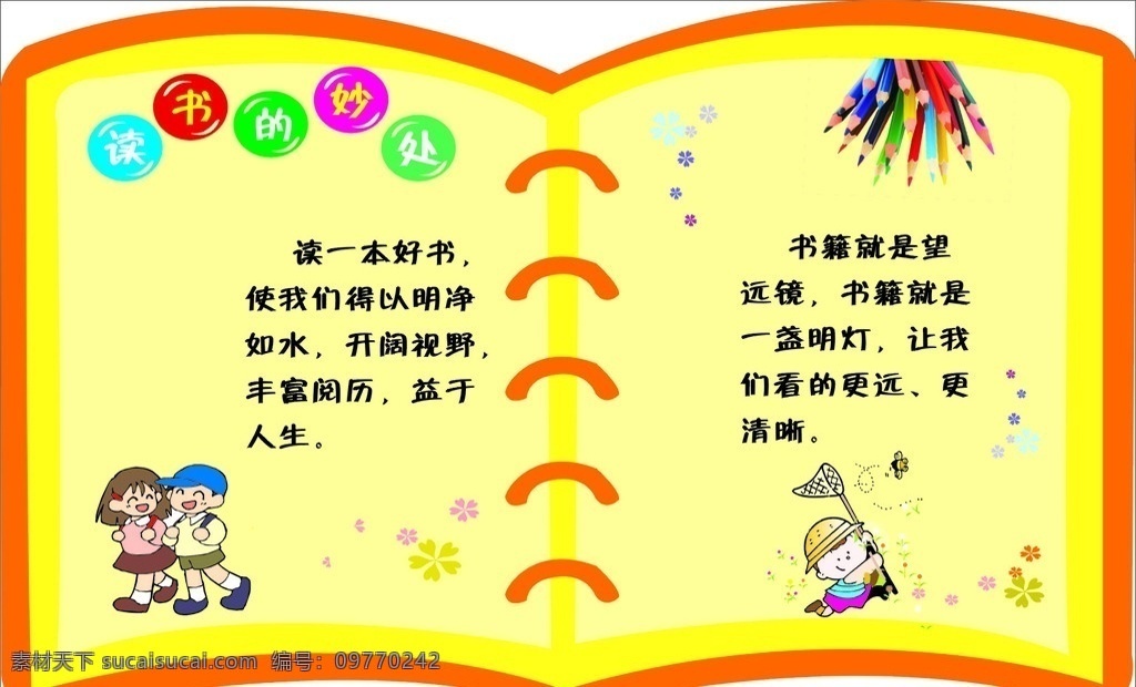 读书的妙处 铅笔 图书 展板 小学生 气泡泡 花纹身 书形 标识标志图标 矢量