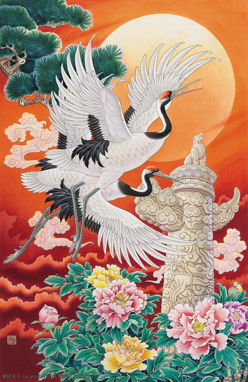 中华 腾飞 华表 牡丹 室内装饰设计 太阳 仙鹤 祖国 喜庆年画 青松 繁荣富强 王福增作品 工艺美术 平面广告 装饰设计 文化艺术
