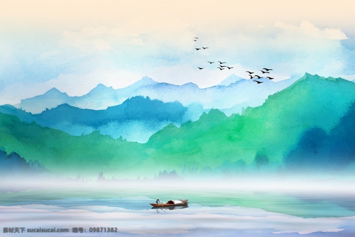抽象 水彩 床头 背景 墙 电视 电视背景墙 船 鸟 床头背景墙