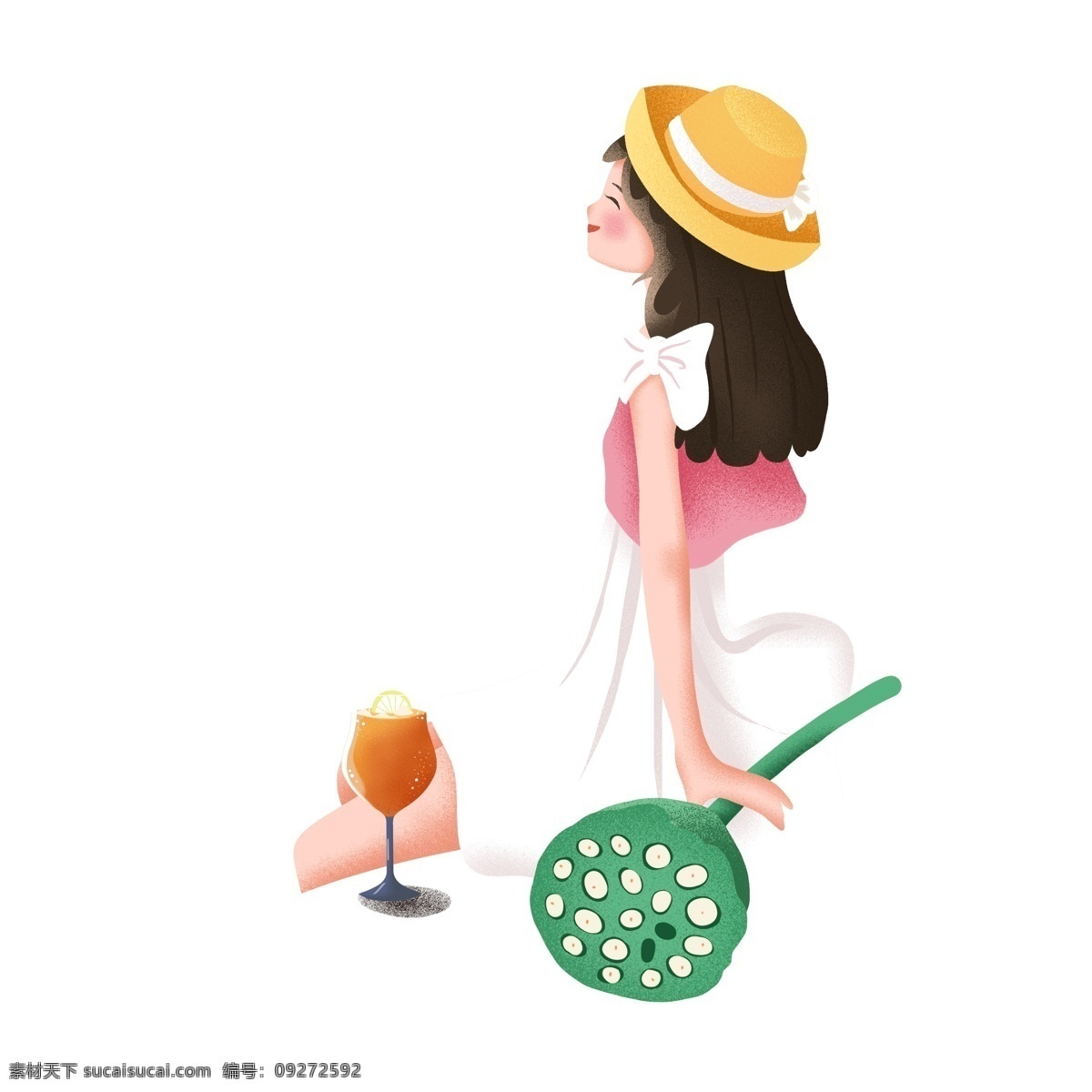 清新 手绘 度假 女孩 插画 可爱 人物 蓬蒿 夏季 人物插画