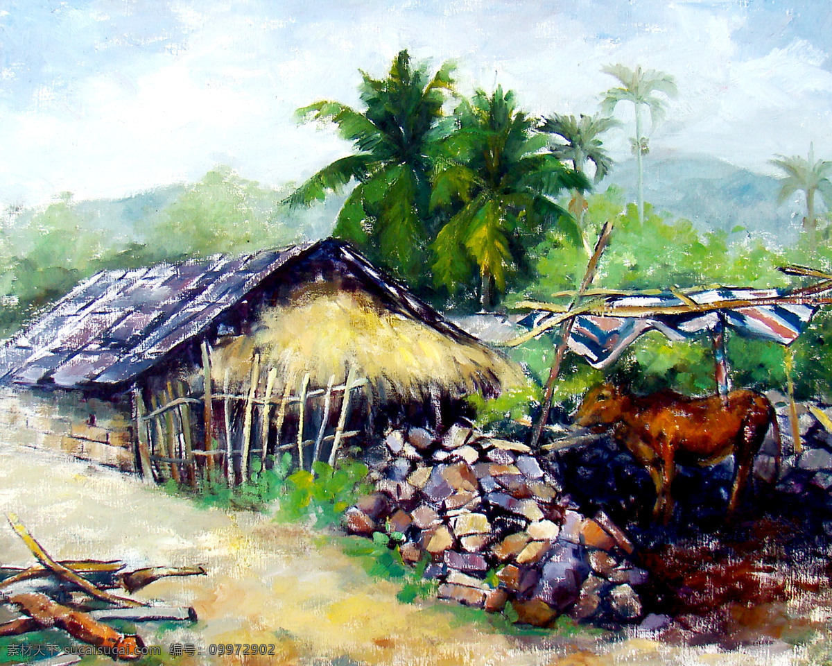 房屋 风景画 黄牛 绘画书法 美术 树林 文化艺术 南国乡景 油画 乡村 小道 植物 油画艺术 油画作品46