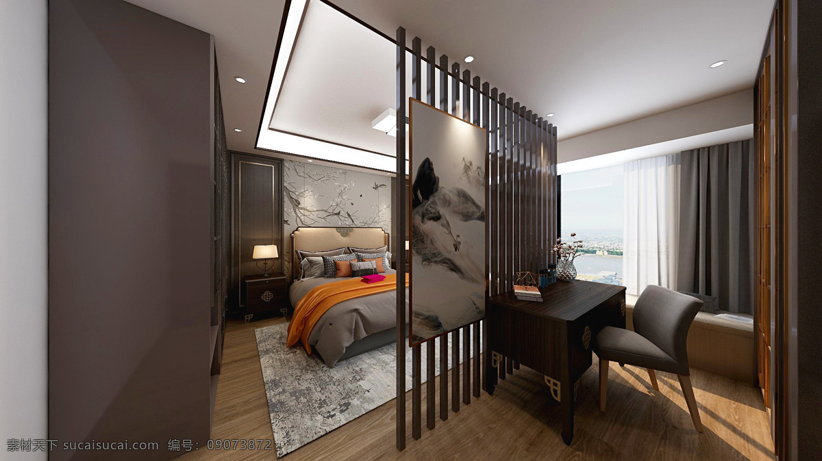室内装修 效果图 现代 简约 卧室 屏风 灯光 床 环境设计 室内设计