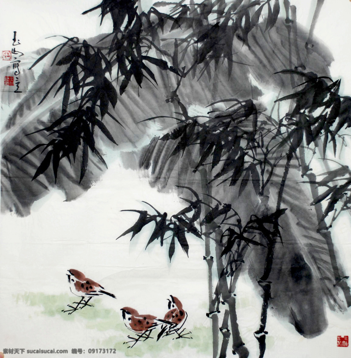 芭蕉叶 彩墨画 国画 国画艺术 绘画 绘画书法 麻雀 美术 夏 翠 图 设计素材 模板下载 夏翠图 水墨画 竹子 书法 印章 国画集43 文化艺术 家居装饰素材 雕刻 图案