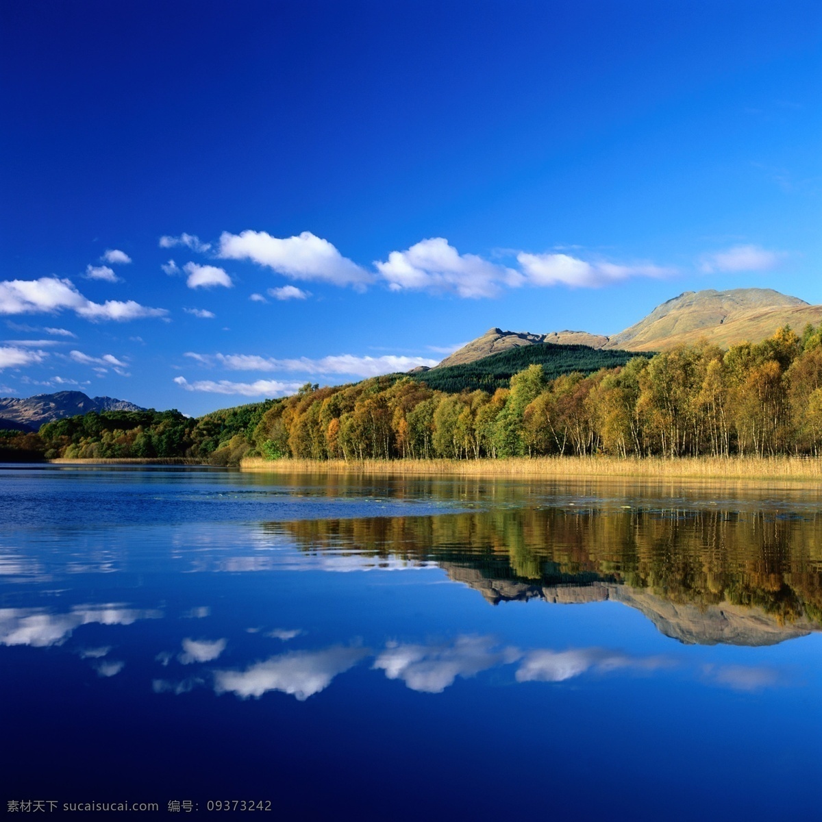 湖光景色 湖水 树林 蓝天 白云 山峰 自然景观 自然风景 摄影图库