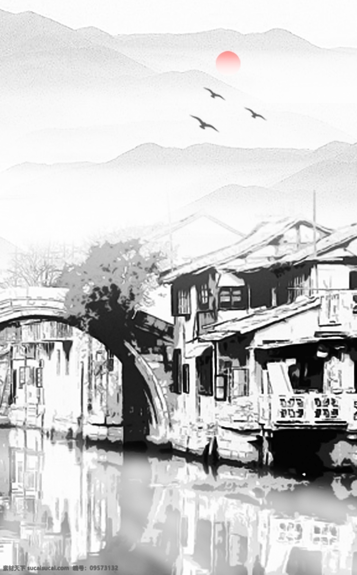 中式 江南 水乡 水墨 手绘 竖 版 装饰画 江南水乡 竖版 油画家 居画
