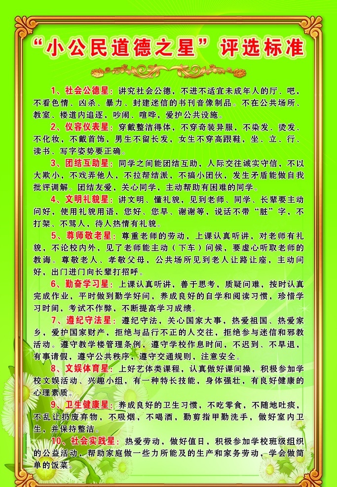 学校展板 小 公民 思想道德 具体 内容 边框 底纹花 文字版 宣传版 展板模板 广告设计模板 源文件