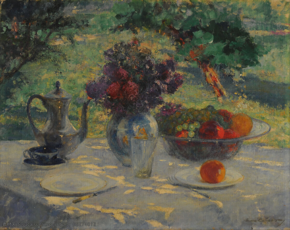 静物 茶杯 茶壶 绘画书法 盘子 水果 文化艺术 油画 鲜花与花瓶 19世纪油画 家居装饰素材